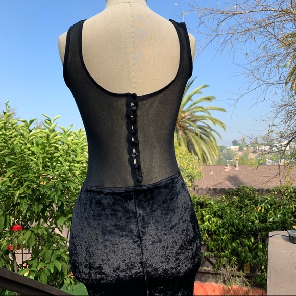 VINTAGE Black Crushed Velvet Sheer Paneled Side Slit Midi Dress size Small - Picture 9 of 11